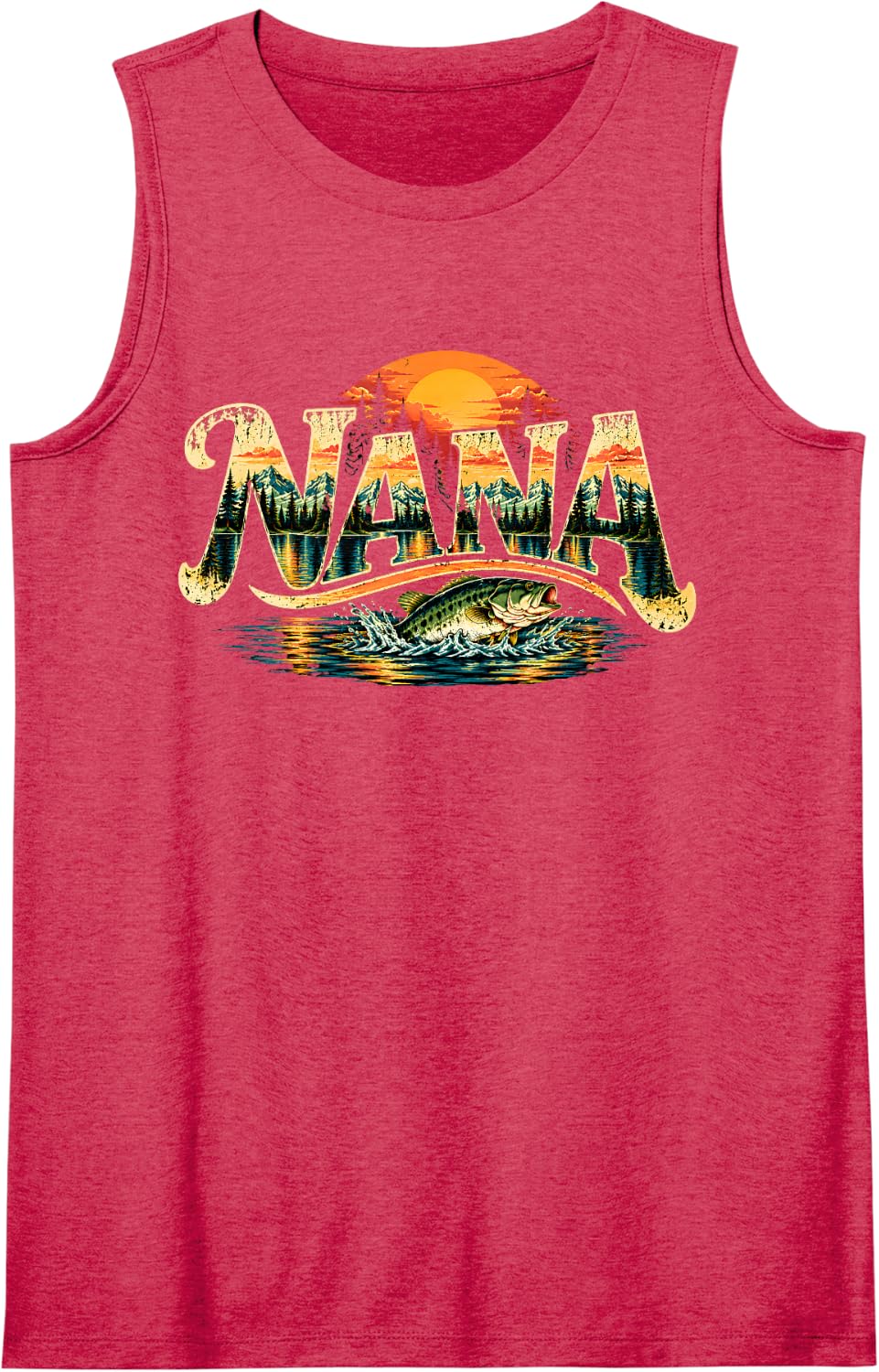 Nana Fishing Vintage Bass Mountain Lake Sunset Sleeveless Tank Top - Red