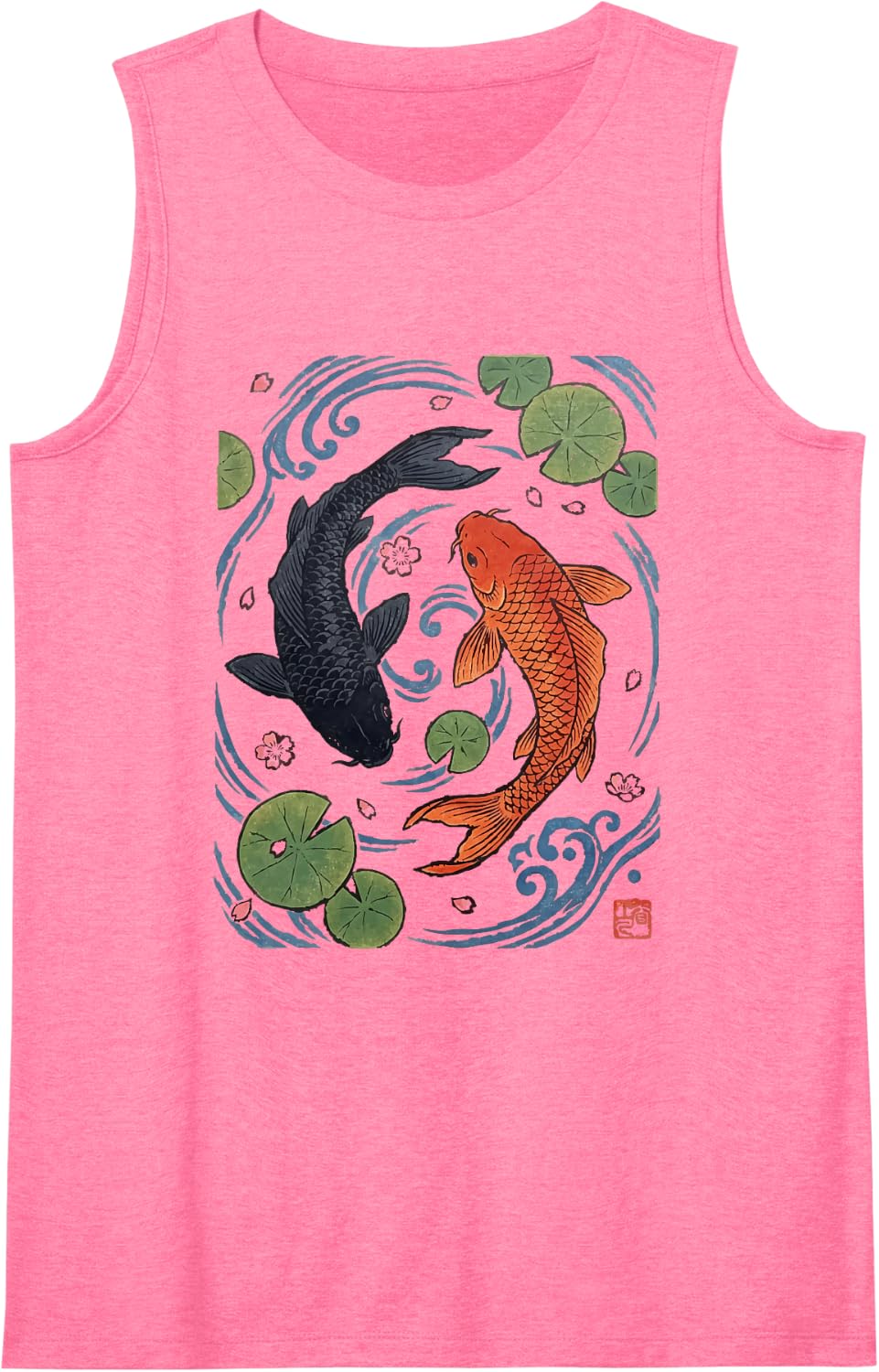 Japanese Woodblock Carp Koi Fish Pond Ukiyo-e Sleeveless Tank Top - Pink