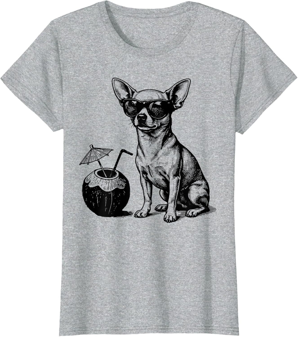 Cool Chihuahua Sunglasses Coconut Drink Summer Vacation T-Shirt - Heather Grey