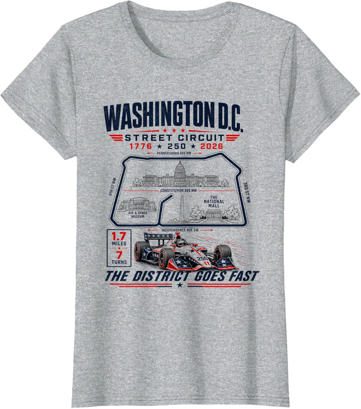 Washington DC Street Circuit Map 250 Mile Racing 2026 T-Shirt - Heather Grey