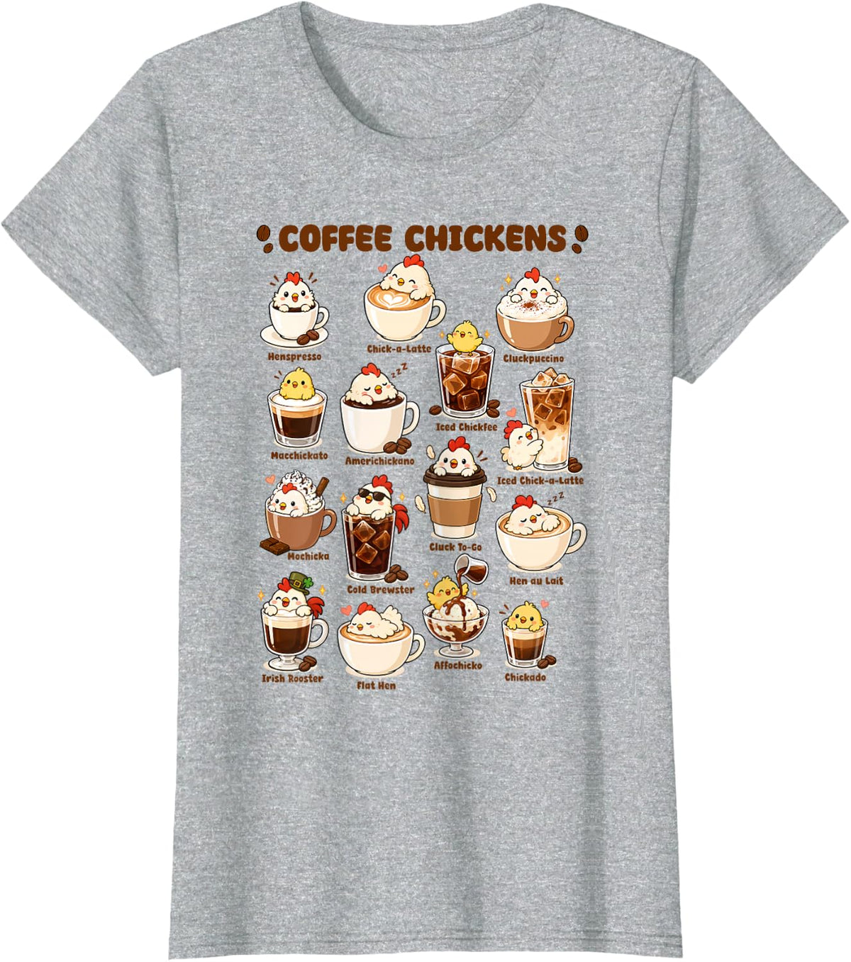 Coffee Chickens Kawaii Cute Hen Lover T-Shirt - Heather Grey