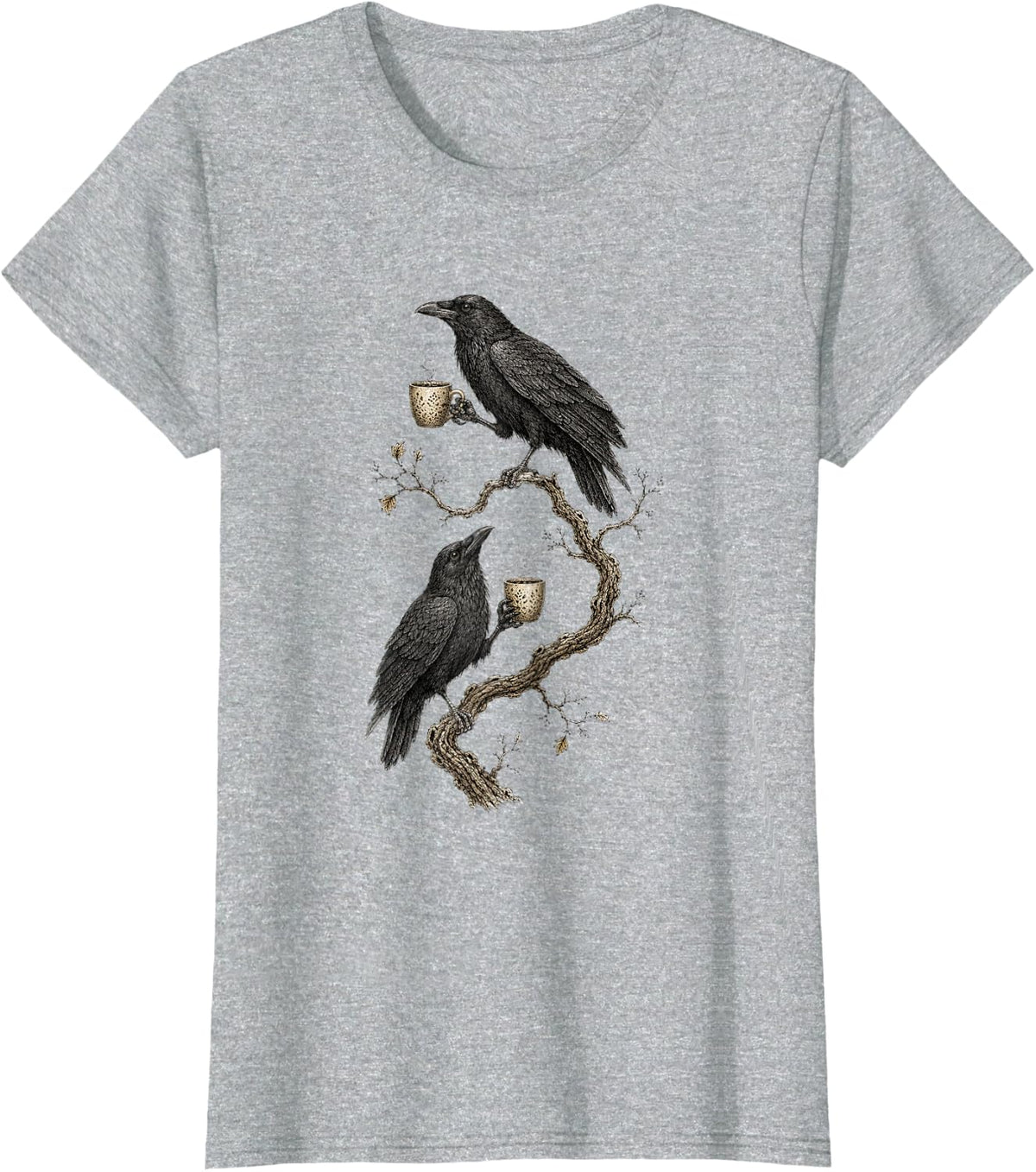 Coffee Lover Halloween Spooky Raven Crow Drinking Coffee T-Shirt - Heather Grey