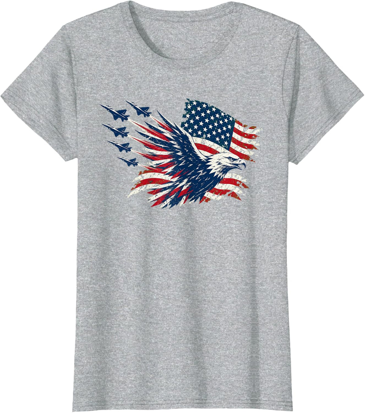 Patriotic Bald Eagle Fighter Jets Aviation USA T-Shirt - Heather Grey