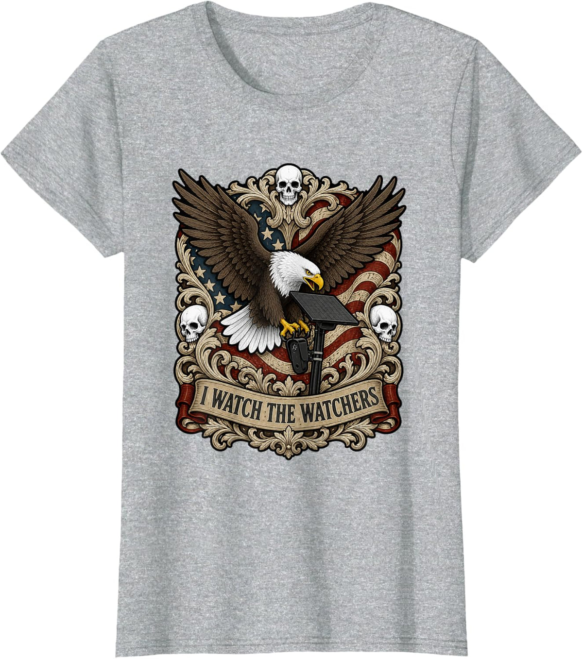 Bald Eagle and Camera American Flag Privacy Liberty Patriot T-Shirt - Heather Grey