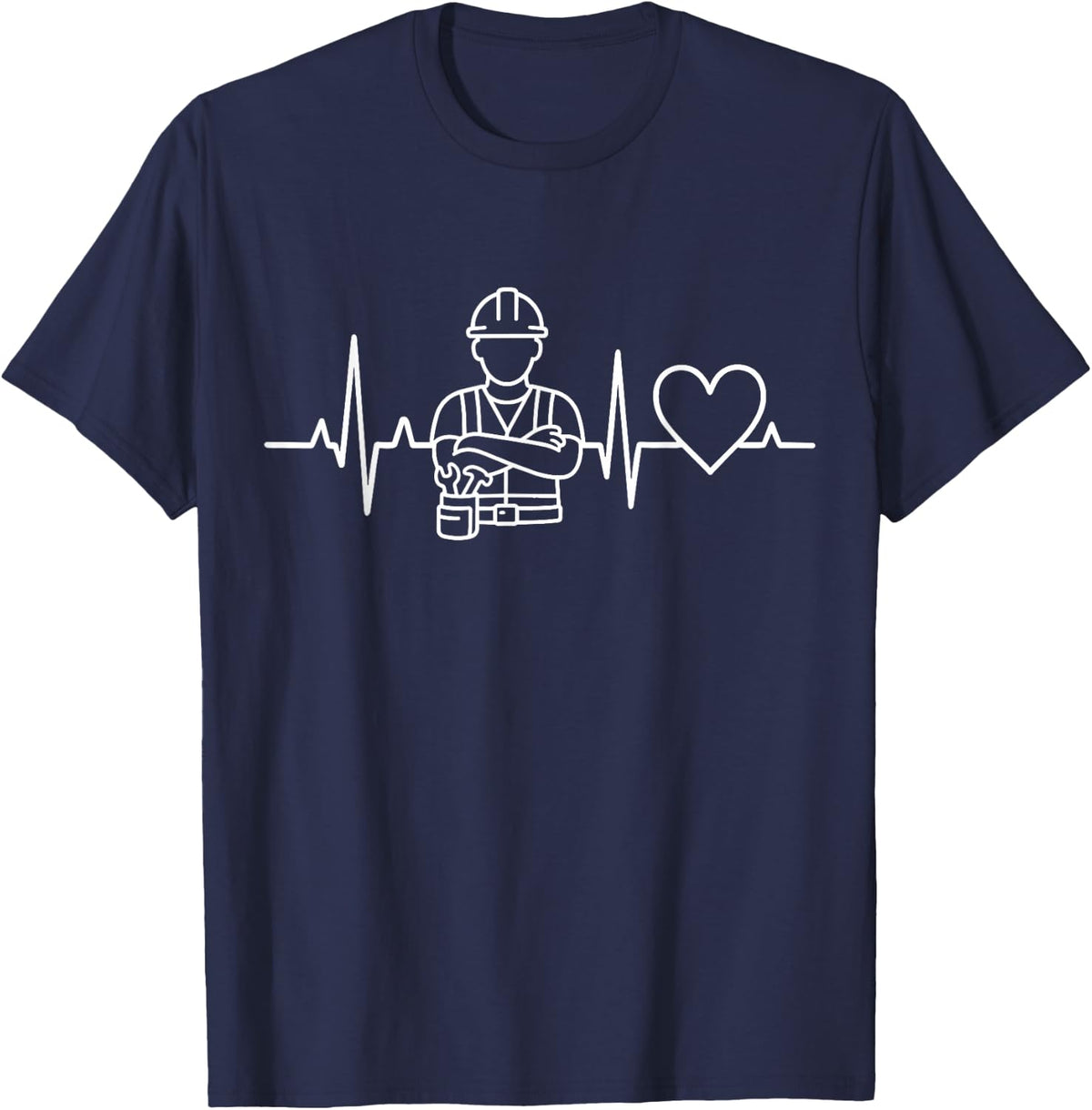 Construction Worker Heartbeat Tradesman Builder T-Shirt - Navy Blue