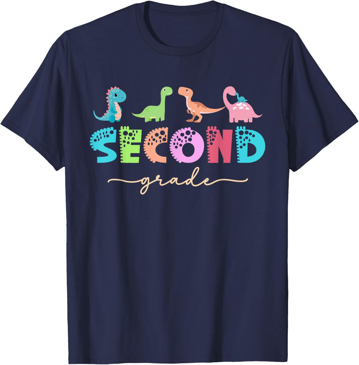 Retro Second Grade Teacher Team Dinosaur Back to School T-Shirt - Navy Blue