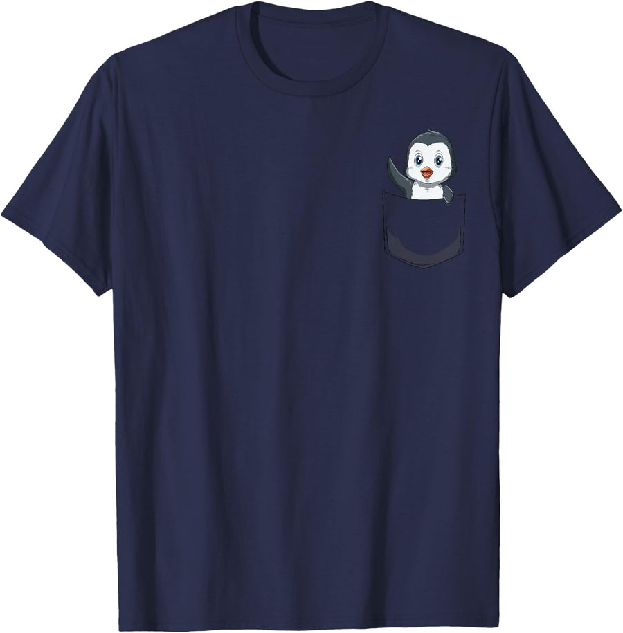 Penguin Pocket Penguin Peeking Out Pocket Penguin Lovers T-Shirt - Navy Blue