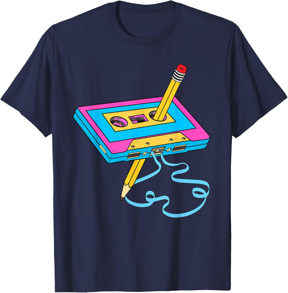 80s Cassette Tape Pencil 1980s Retro Vintage Throwback Music T-Shirt - Navy Blue