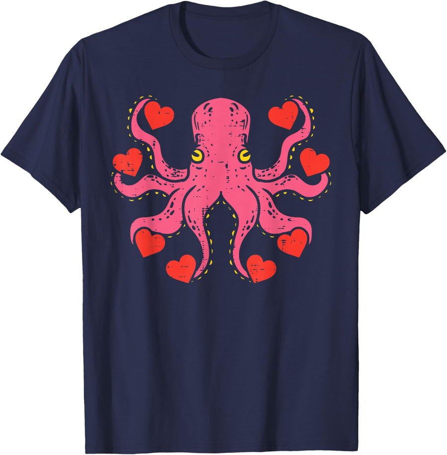 Valentines Day Octopus Hearts Funny Animal Men Women Kids T-Shirt - Navy Blue