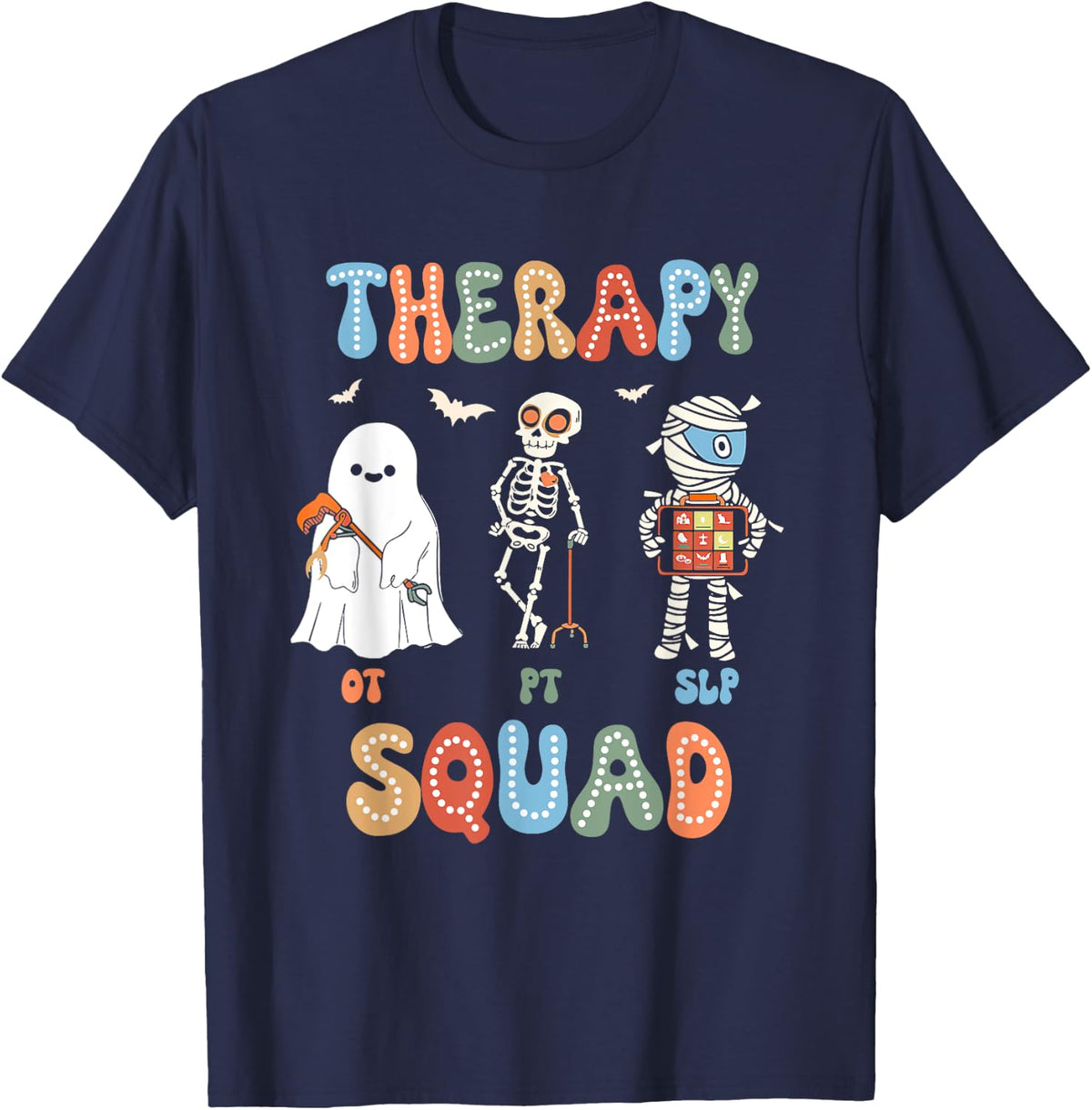 Retro Therapy Squad SLP OT PT Physical Ghost Halloween T-Shirt - Navy Blue