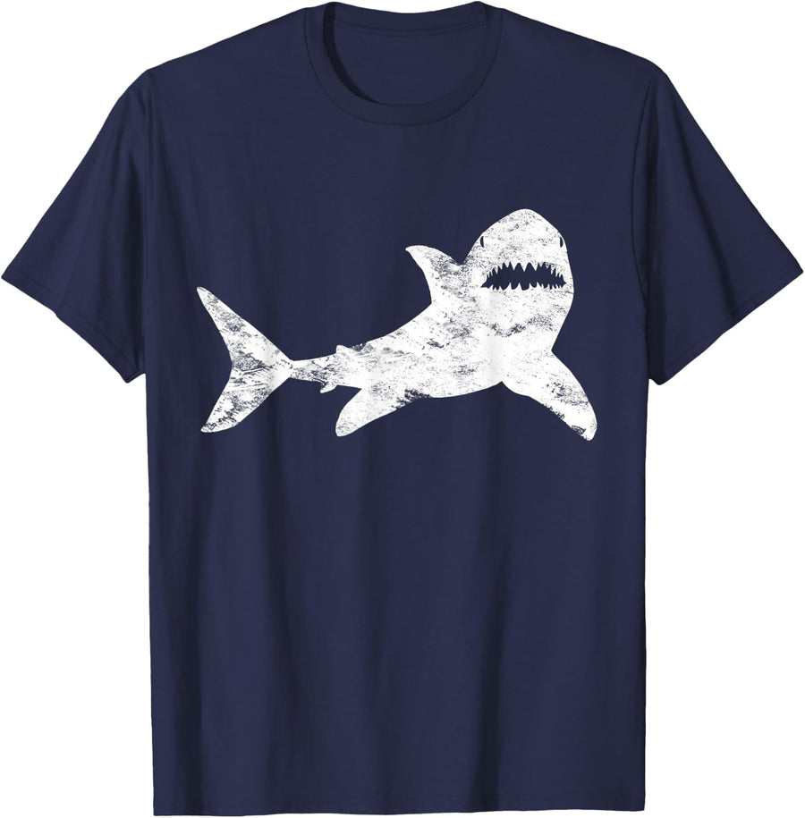 Shark Distressed Cool Vintage T-shirt Shark Bite Tee T-Shirt - Navy Blue