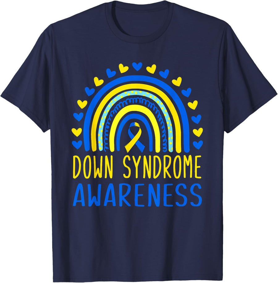 Down Syndrome Awareness Day Rainbow T21 Yellow & Blue Ribbon T-Shirt - Navy Blue