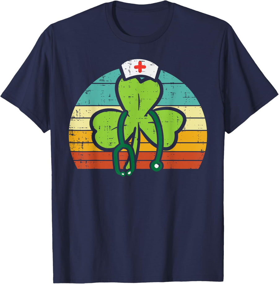 Shamrock Nurse Stethoscope Retro St Patricks Day Nurses RN T-Shirt - Navy Blue