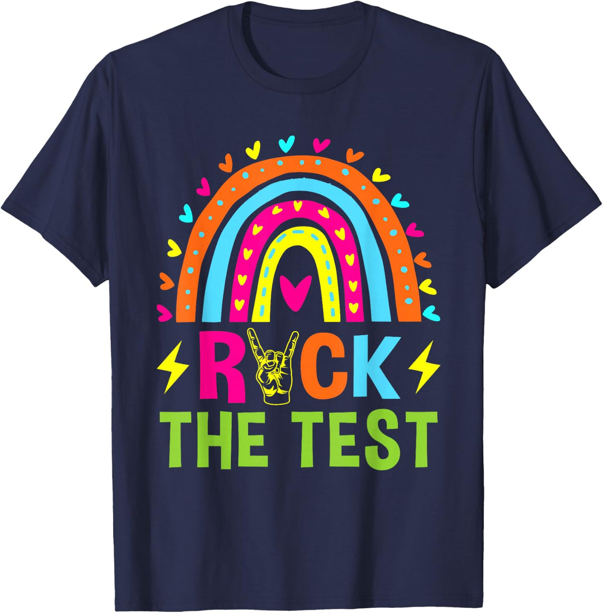 Rock The Test Rainbow Testing Day Motivational Teacher Kids T-Shirt - Navy Blue