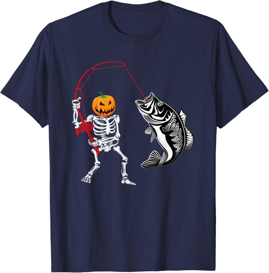 Skeleton Fishing Halloween Pumpkin Bass Fisherman T-Shirt - Navy Blue
