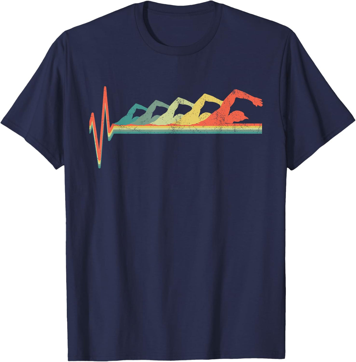 Swimmer Heartbeat Retro Gift T-Shirt - Navy Blue