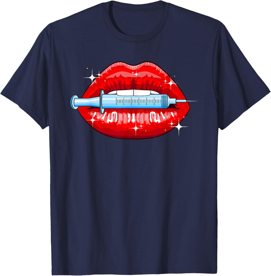 Plastic Surgery Meme Botox Filler Surgeon Fun Injection Lips T-Shirt - Navy Blue