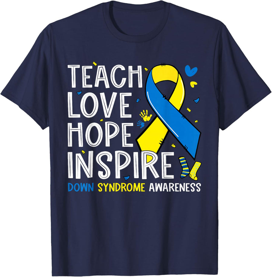 Teach Love Inspire Down Syndrome Awareness Tee T-Shirt for Teachers Boys Girls - Navy Blue