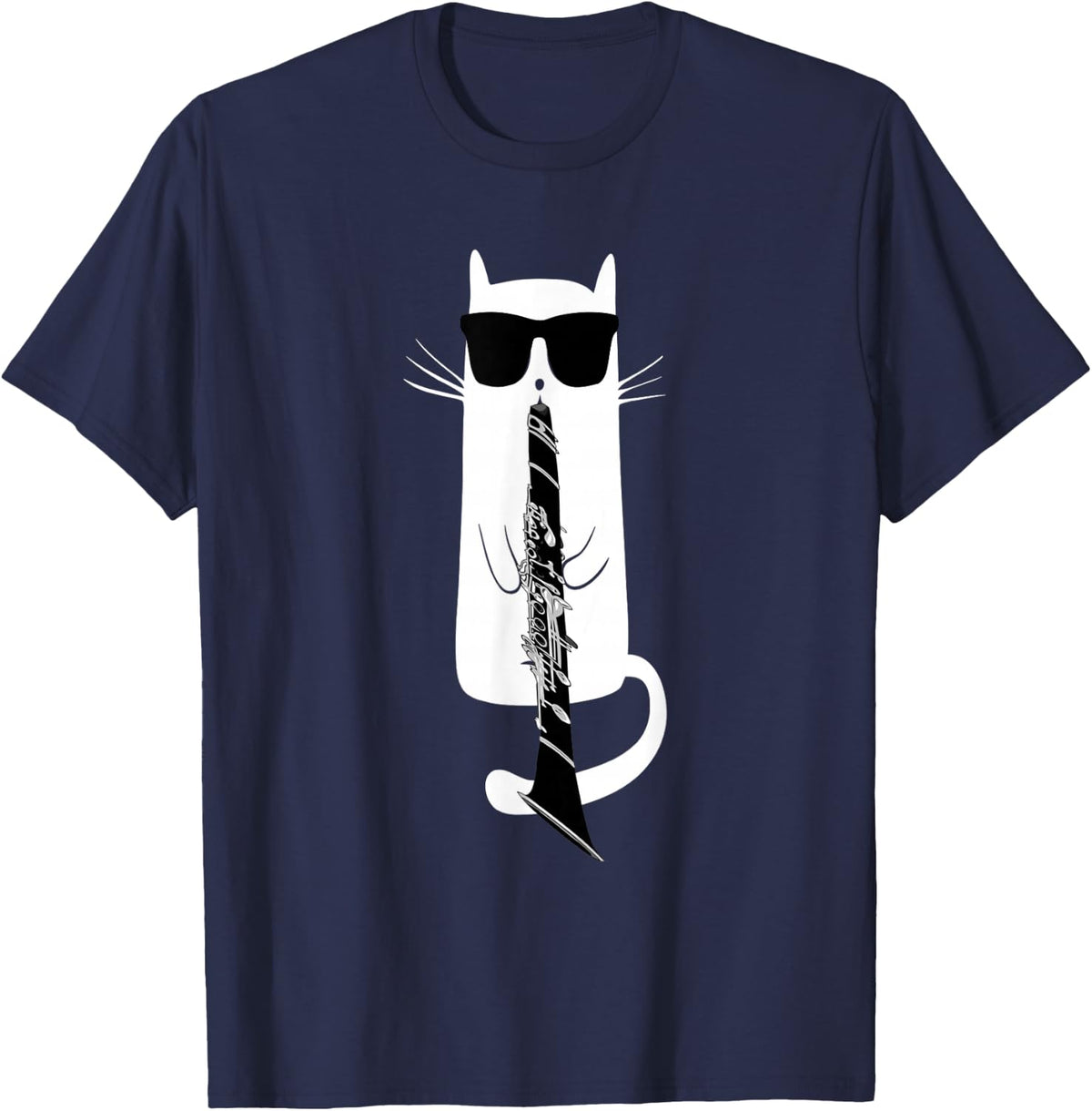 Funny Cat Wearing Sunglasses Playing Clarinet T-Shirt T-Shirt - Navy Blue
