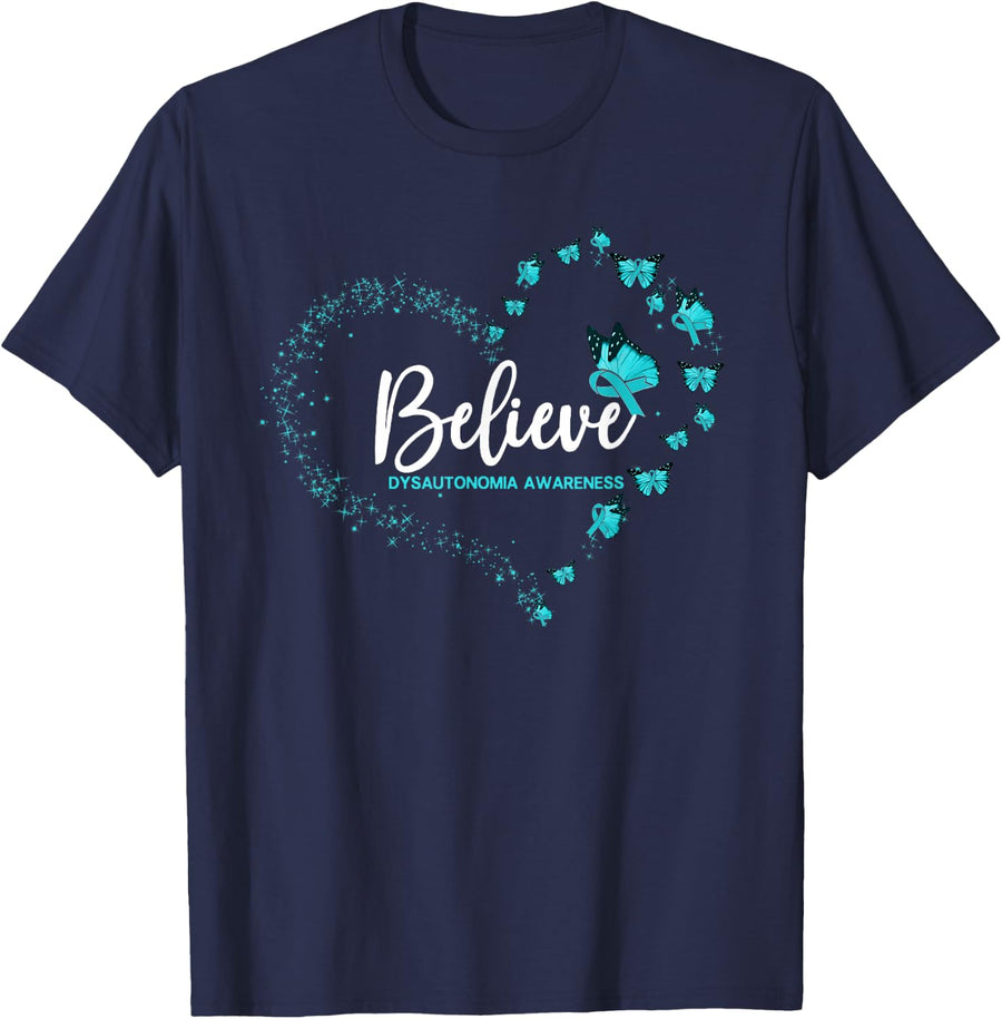 Dysautonomia Awareness Butterfly Believe T-Shirt - Navy Blue