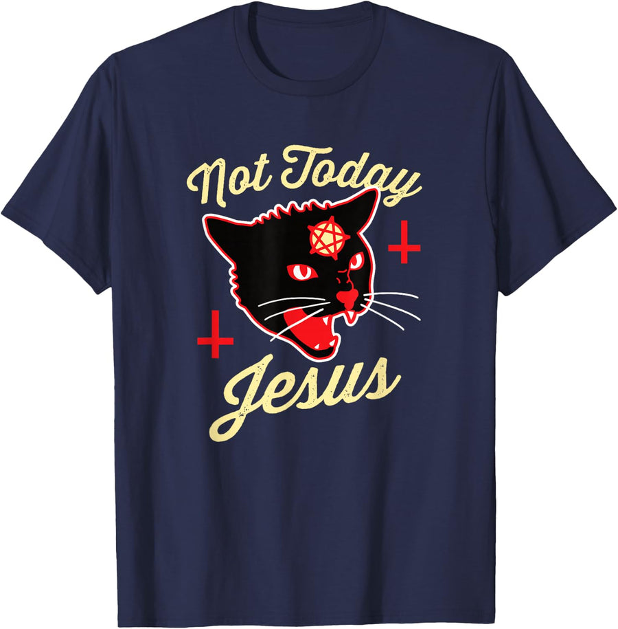 Not Today Jesus Hail Satan Satanic Cat Death Metal Halloween T-Shirt - Navy Blue