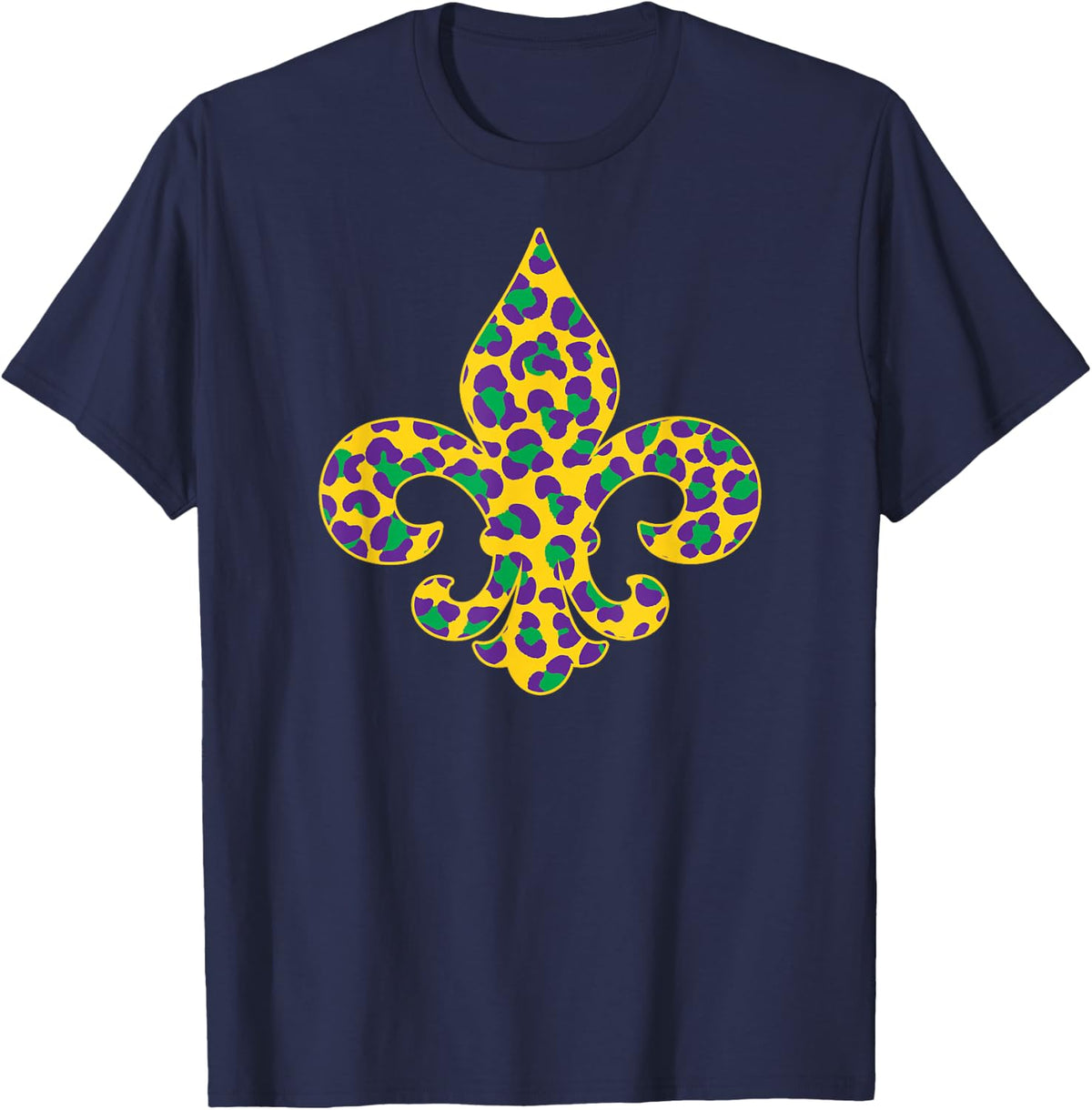 Leopard Mardi Gras Colors Fleur De Lys Symbol T-Shirt - Navy Blue