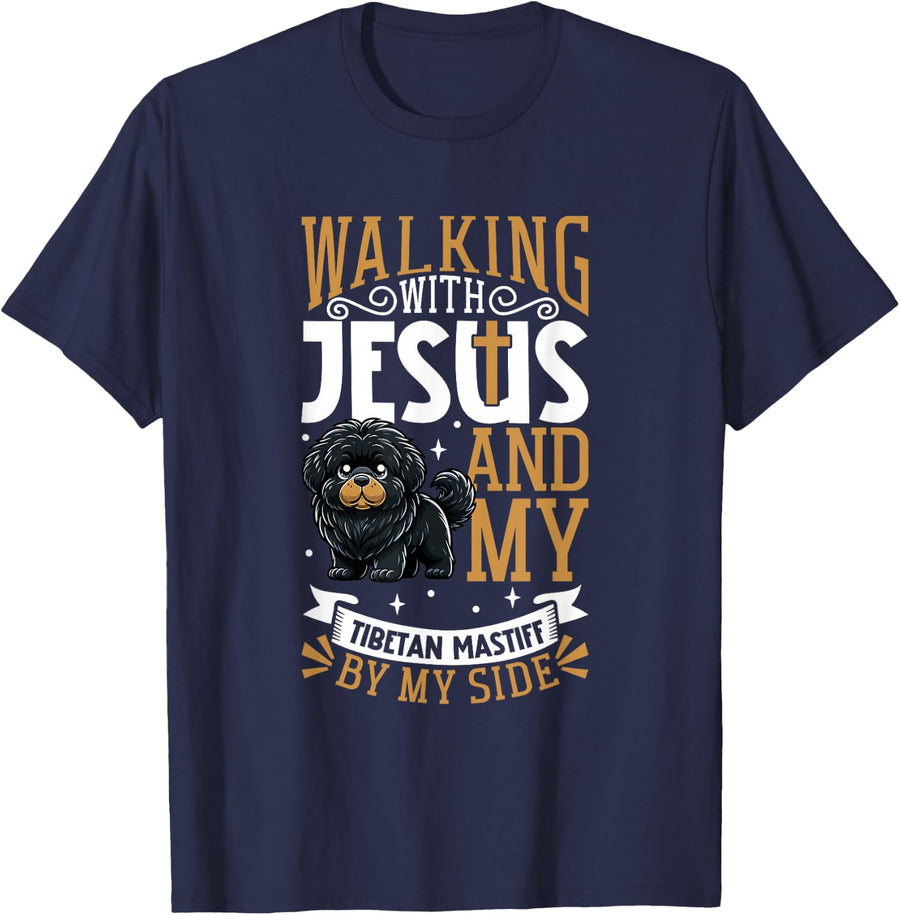 Jesus and Dog - Tibetan Mastiff T-Shirt - Navy Blue