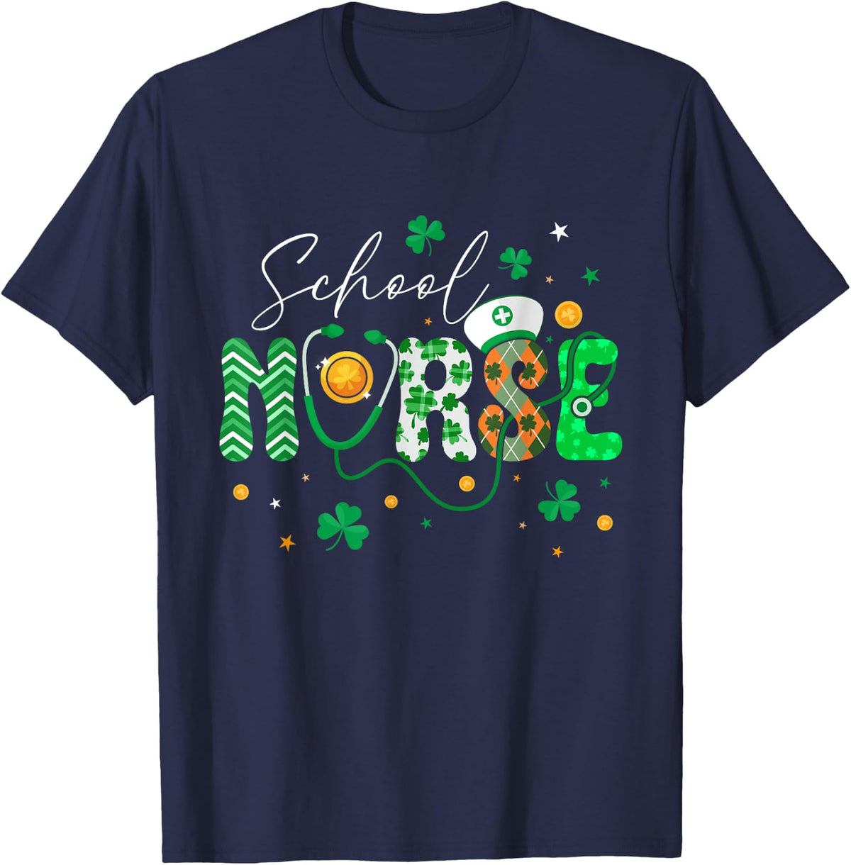 Happy St Patricks Day Nurses Lucky School Nurse Shamrock T-Shirt - Navy Blue