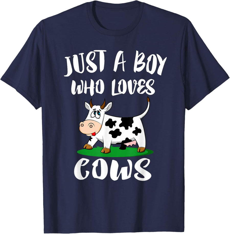 Just a Boy Who Loves Cows Animal Farm T-Shirt Small - Navy Blue