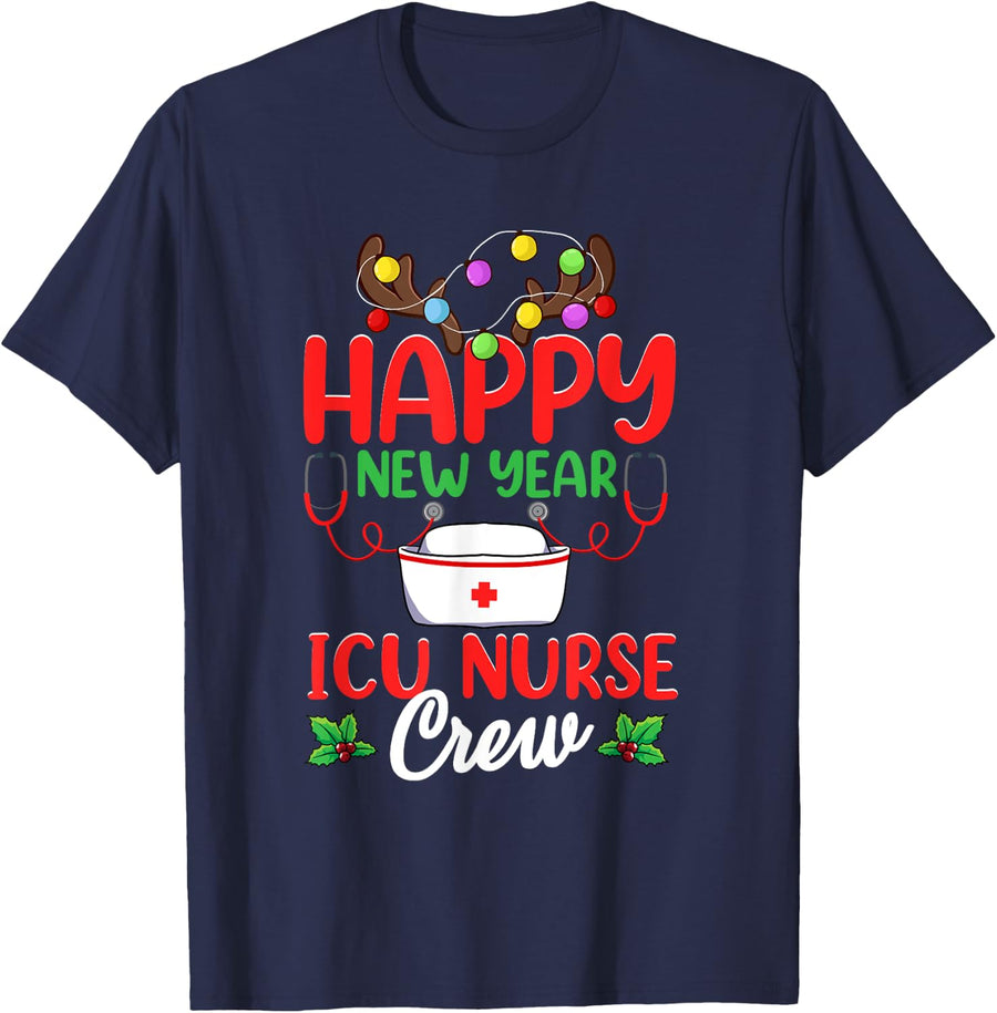 Happy New Year ICU Nurse Crew Reindeer Nurse Christmas T-Shirt - Navy Blue