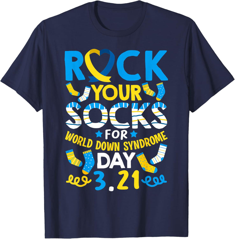 Rock Your Socks Down Syndrome Day Awareness Tees T Shirts for Boys Girls Kids - Navy Blue