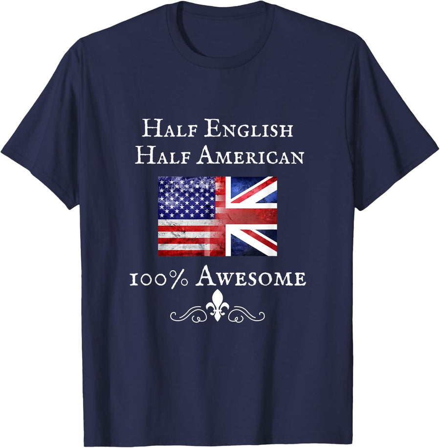 HALF ENGLISH HALF AMERICAN, UK USA BRITISH UNION JACK FLAG T-Shirt - Navy Blue