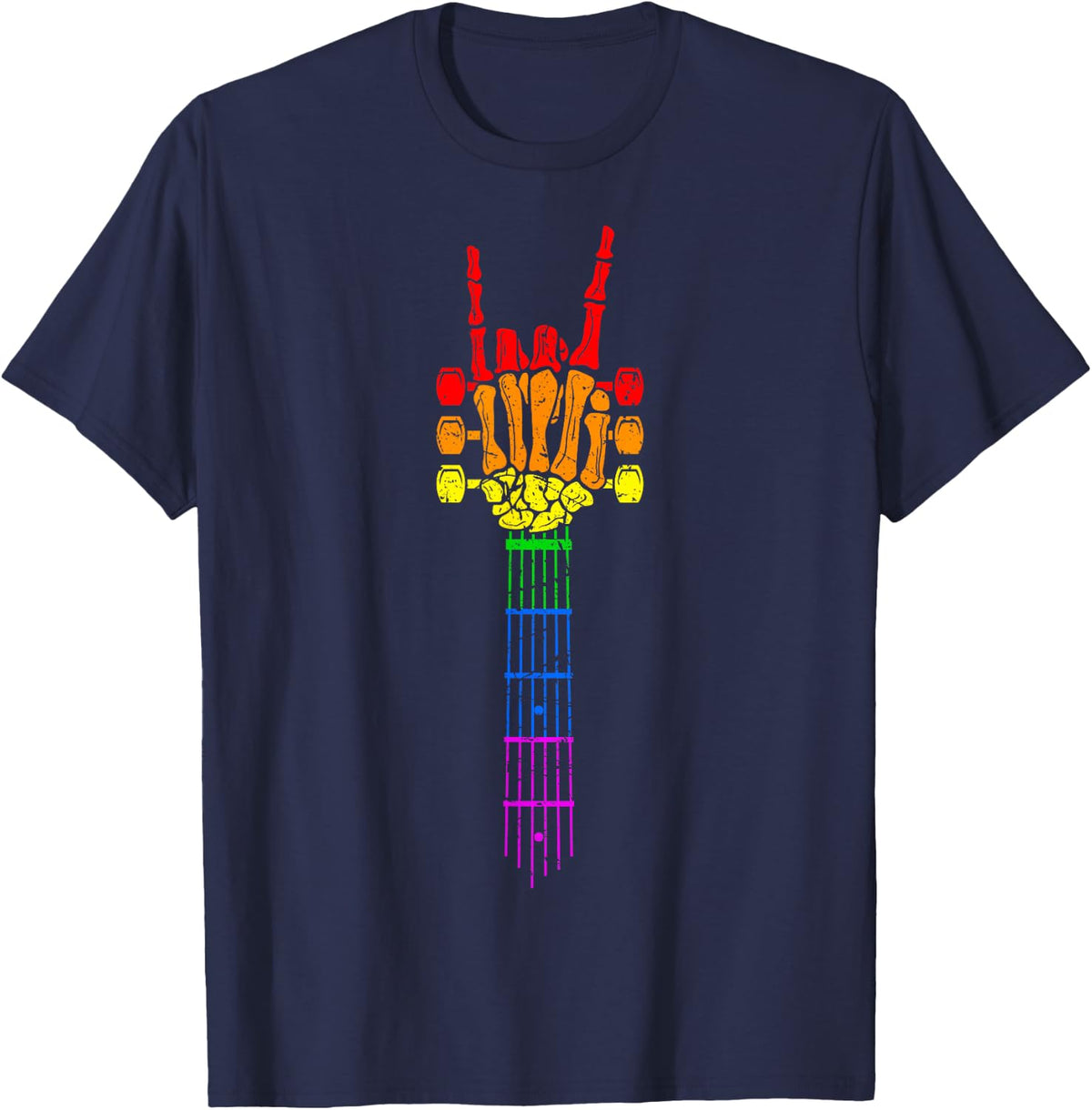 LGBT Rainbow Pride Rock & Roll Skeleton Guitar Music Lover T-Shirt - Navy Blue