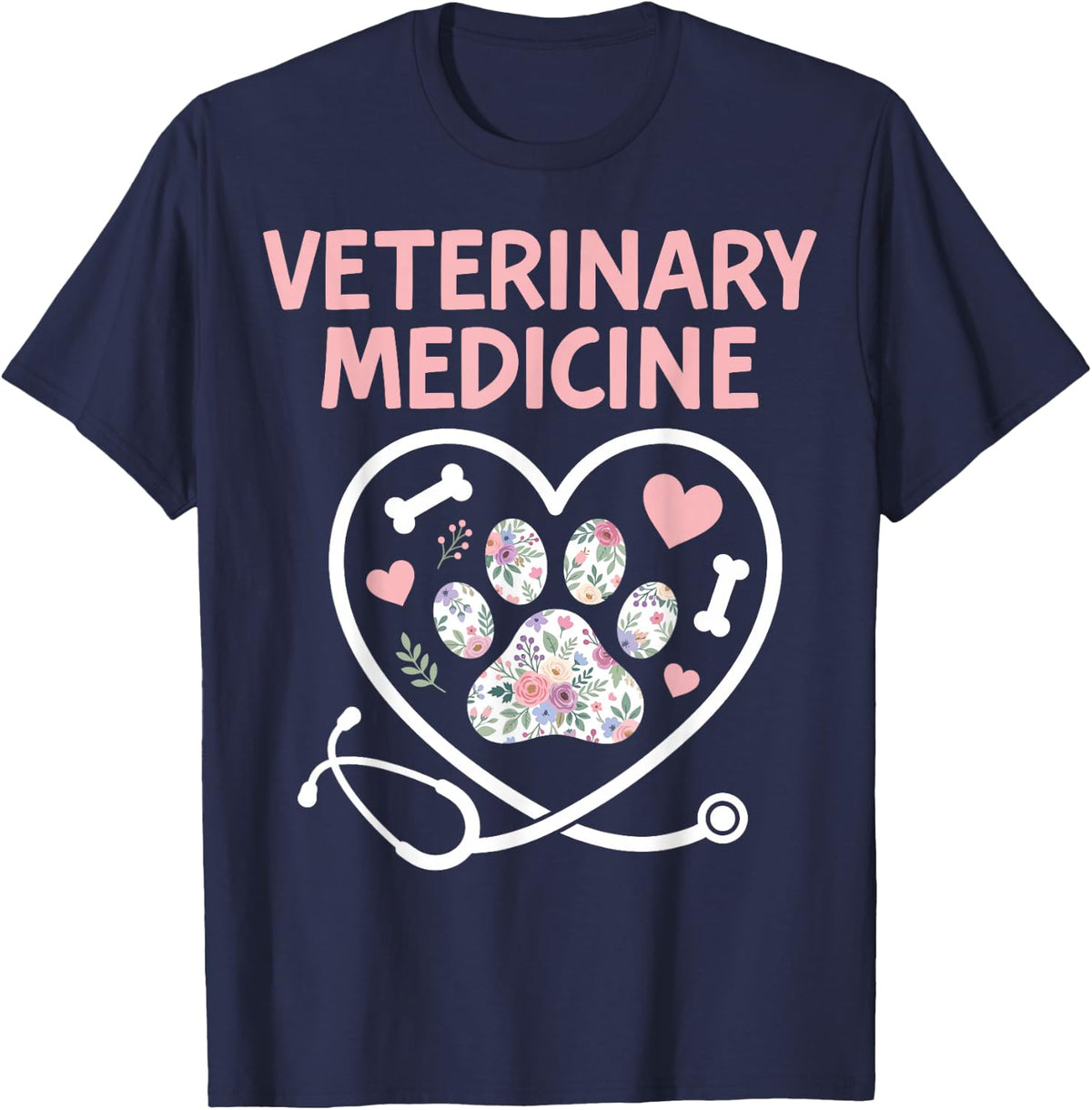 Veterinary Medicine Floral Paw Heart Veterinarian Vet Tech T-Shirt - Navy Blue