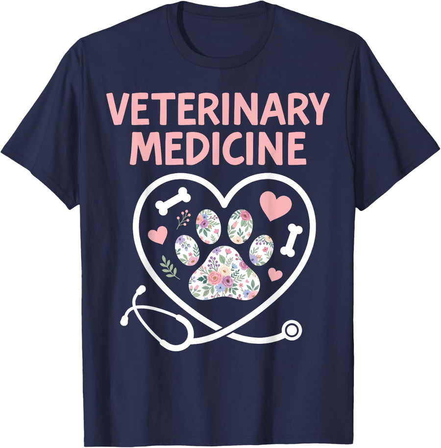 Veterinary Medicine Floral Paw Heart Veterinarian Vet Tech T-Shirt - Navy Blue
