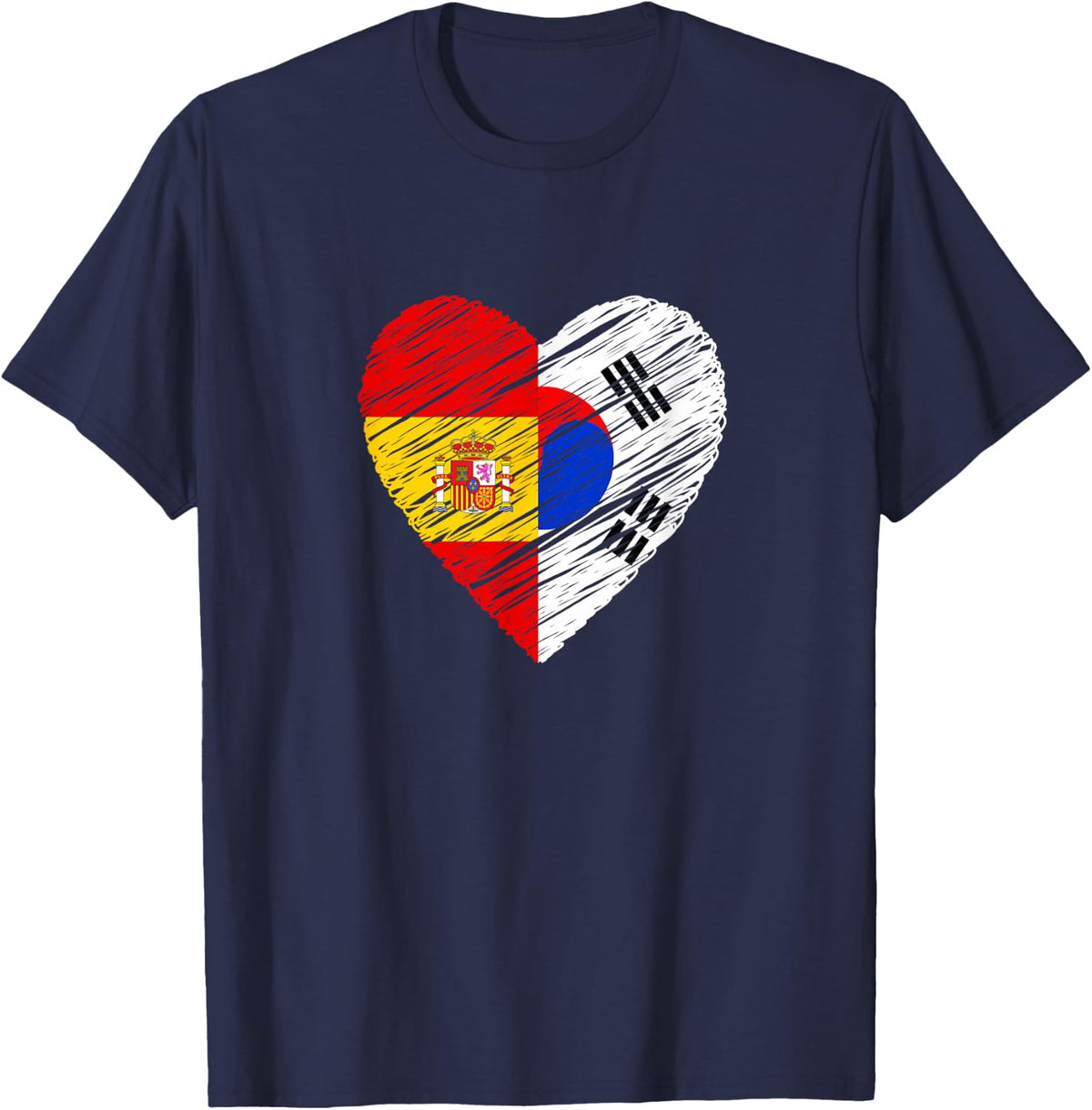 South Korea Spain Heart Spanish Flag Korean Flag Love Heart T-Shirt - Navy Blue