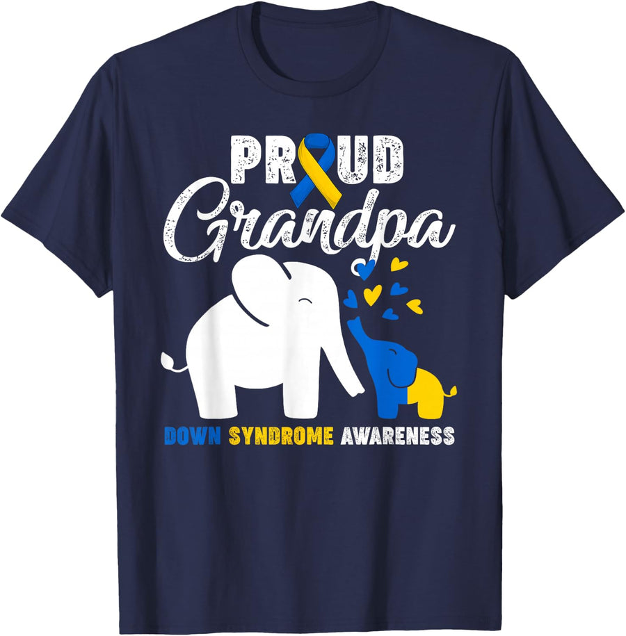 Proud Grandpa Down Syndrome Elephant Yellow Blue Ribbon T-Shirt - Navy Blue