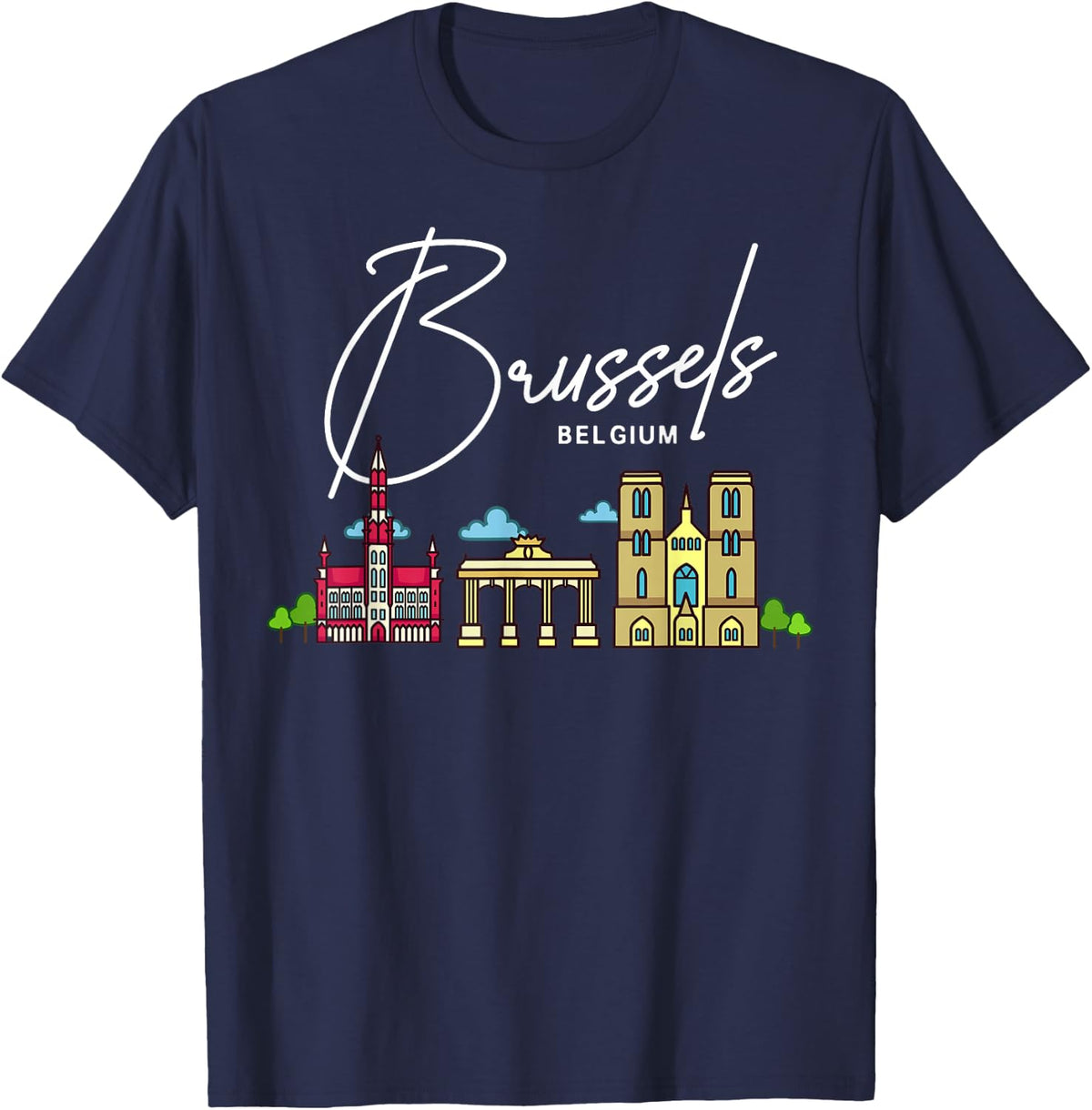 Brussels Belgium City Skyline Map Travel T-Shirt - Navy Blue