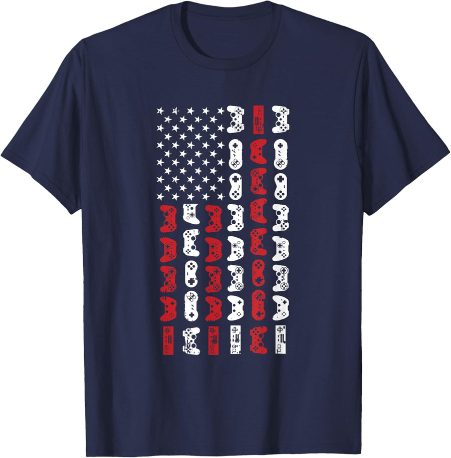 Game Controller 4th Of July Cool USA Flag Patriotic Gamer T-Shirt - Navy Blue