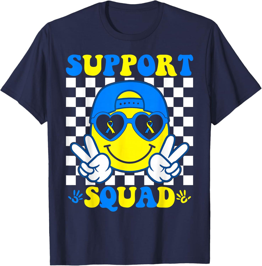 Support Squad Down Syndrome Awareness Day Groovy Men Women T-Shirt - Navy Blue