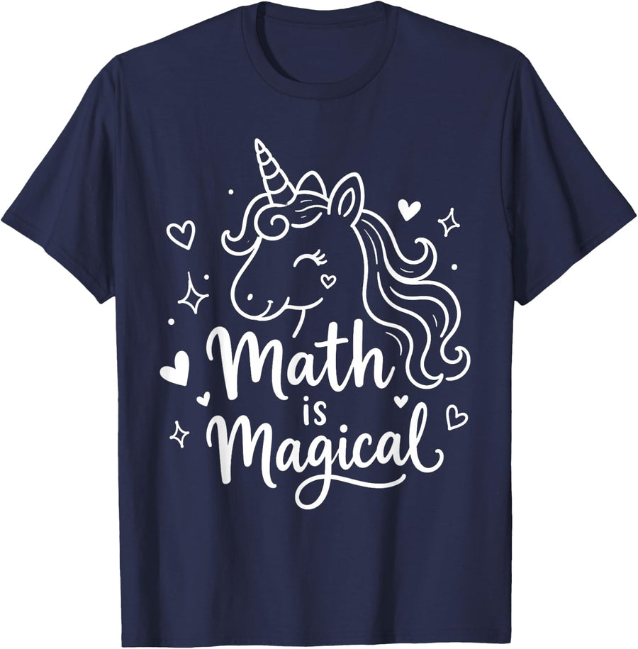 Math Lover Teacher Mathematics Unicorn Math is Magical T-Shirt - Navy Blue