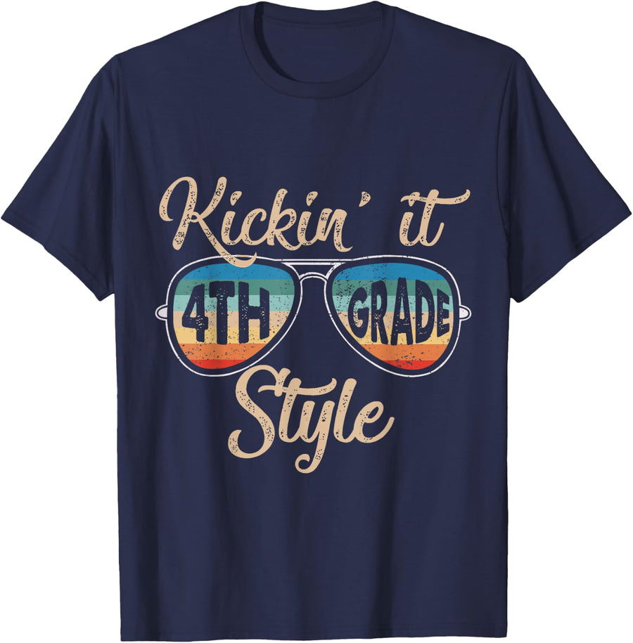 Kickin' It 4th Grade Style Back to School Teacher Tees T-Shirt for Elementary Educators - Navy Blue