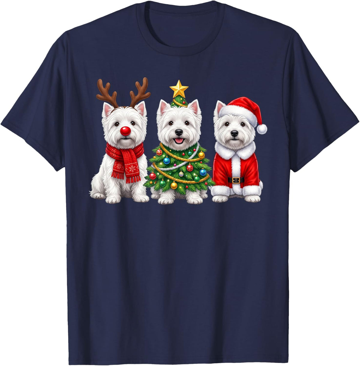Retro Christmas West Highland White Terriers Santa Reindeer T-Shirt - Navy Blue