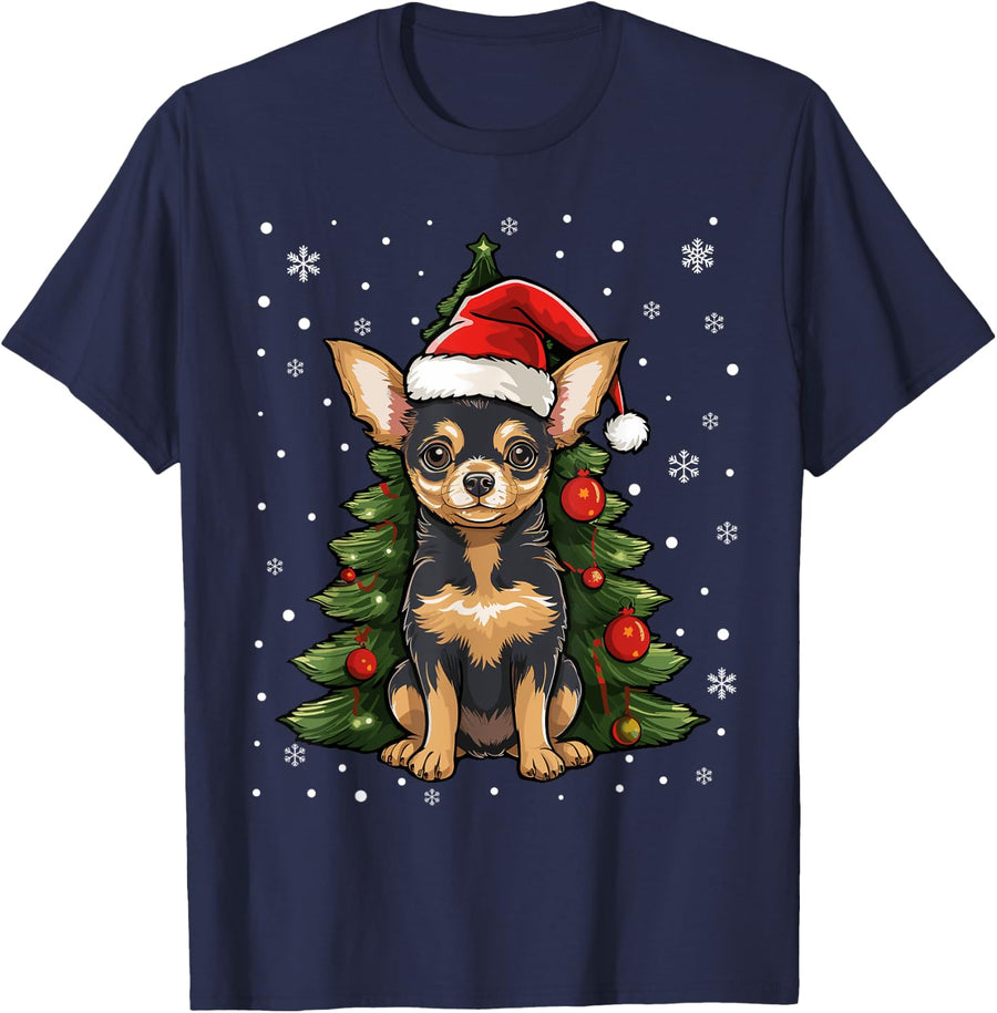 Chihuahua Dog Christmas Tree Santa Hat Xmas Pajama T-Shirt - Navy Blue