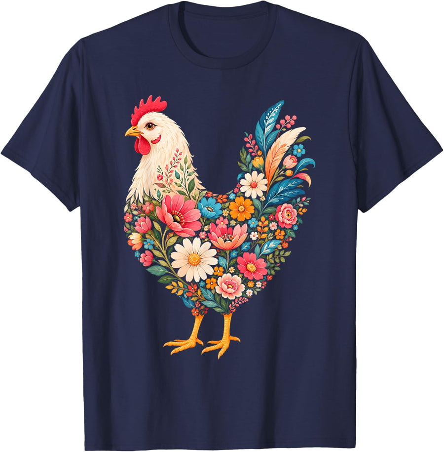 Floral White Hen Art for Chicken Moms and Garden Lovers T-Shirt - Navy Blue