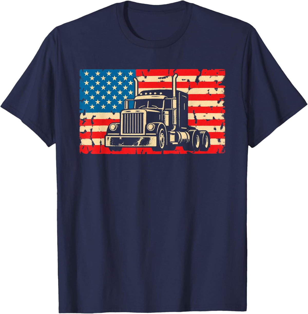Front Grille Big Rig American Flag Truck Driver Gift Trucker T-Shirt - Navy Blue