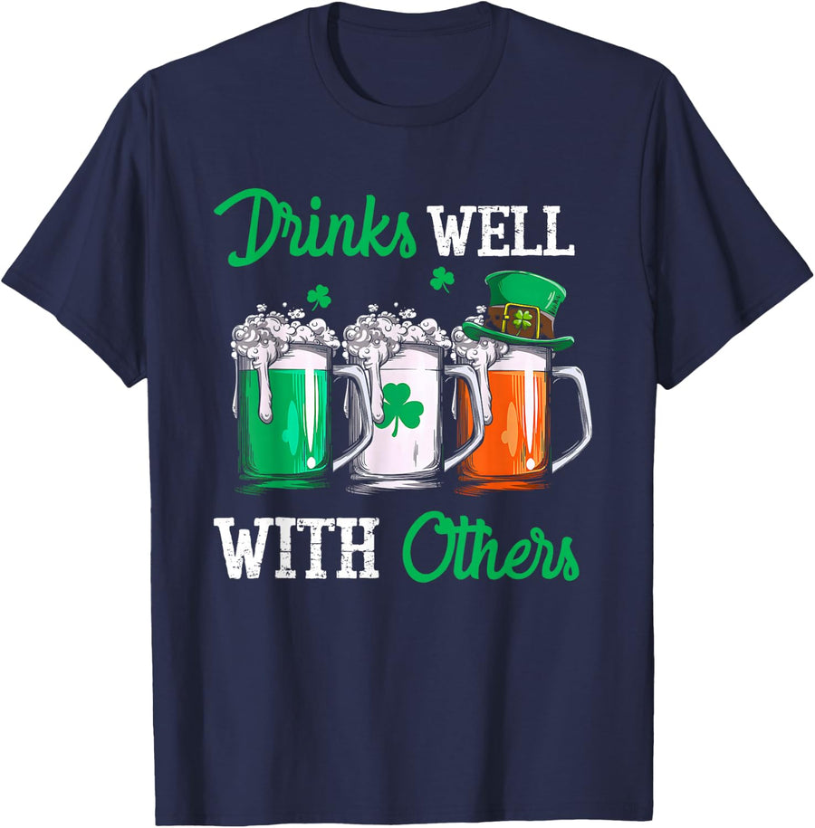 Drinks Well with Others St. Patrick's Day Drunk Beer Funny T-Shirt - Navy Blue