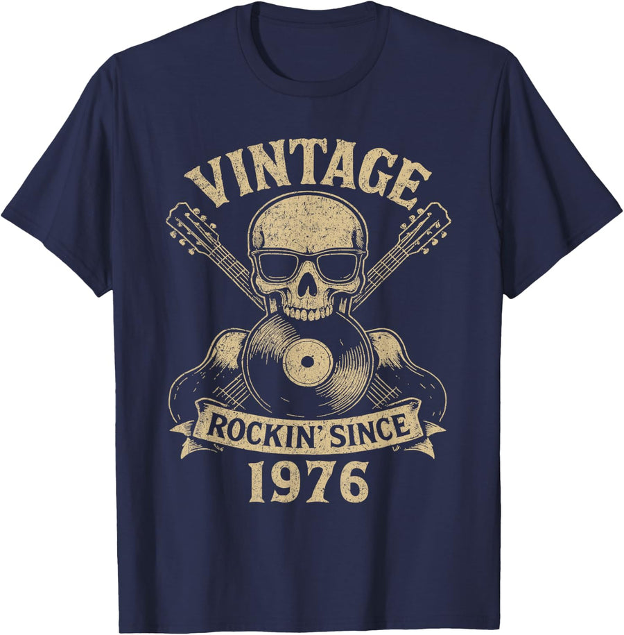 50th Birthday Rockin’ Since 1976 Vintage Rock Music Birthday T-Shirt - Navy Blue