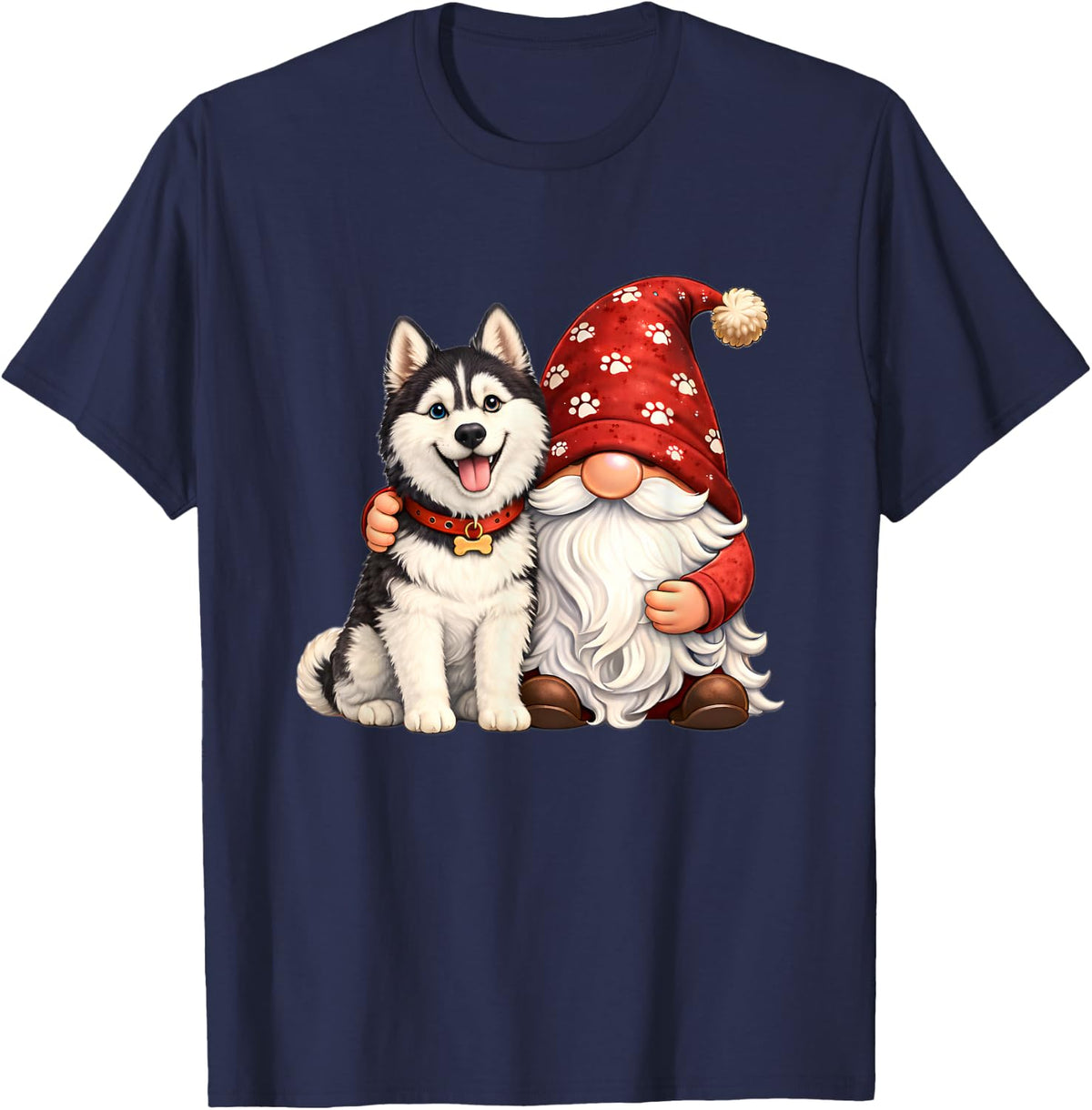 Garden Gnome with Cute Siberian Husky Dog Mom Women T-Shirt - Navy Blue