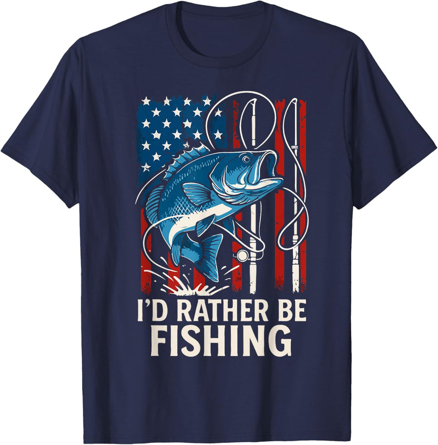 Id Rather Be Fishing Shirt Men Boys Youth American Flag Bass Fish Tee T-Shirt - Navy Blue